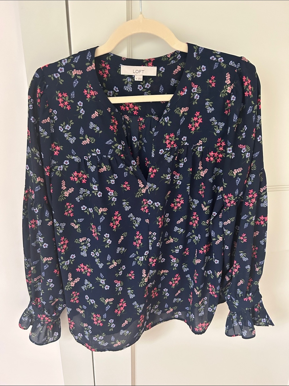 LOFT Navy Floral V-Neck Blouse with Pink & Lavender Sprigs